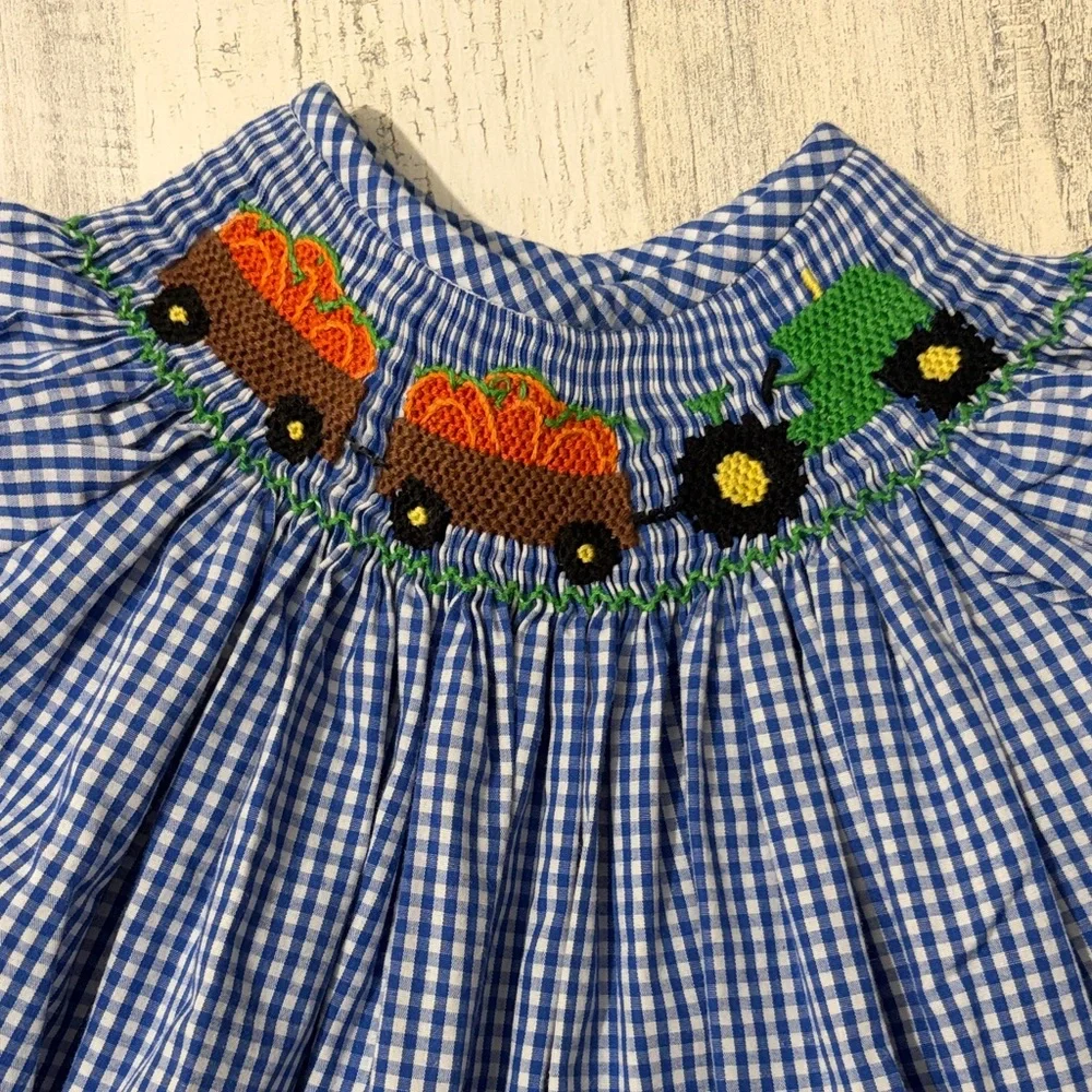 Banana Split Pumpkin Farm Gingham Kids Smocked Dress with Tractor Design
